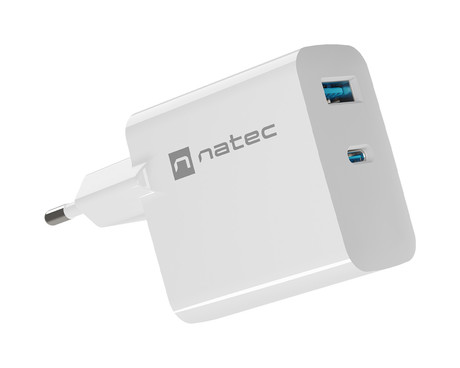 Natec RIBERA GaN polnilec, 45W, 1x USB-A, 1x USB-C, PD 3.0, QC 3.0, protokol PPS, univerzalna kompatibilnost, tehnologija GaN, varnostne zaščite, 90x51x29mm, bel
