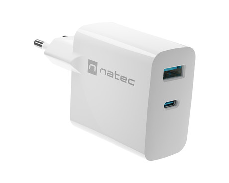 Natec RIBERA GaN polnilec, 45W, 1x USB-A, 1x USB-C, PD 3.0, QC 3.0, protokol PPS, univerzalna kompatibilnost, tehnologija GaN, varnostne zaščite, 90x51x29mm, bel