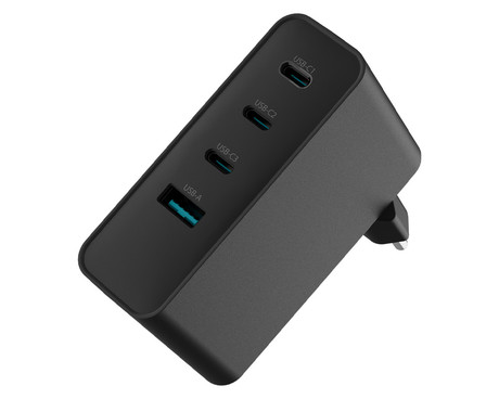Natec RIBERA GaN polnilec, 100W, 1x USB-A, 3x USB-C, PD 3.0, QC 3.0, protokol PPS, univerzalna kompatibilnost, tehnologija GaN, varnostne zaščite, 94x86x35mm, črn