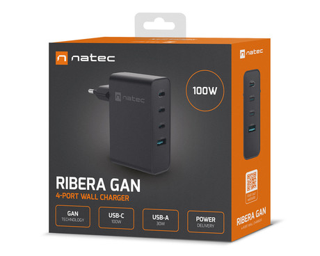 Natec RIBERA GaN polnilec, 100W, 1x USB-A, 3x USB-C, PD 3.0, QC 3.0, protokol PPS, univerzalna kompatibilnost, tehnologija GaN, varnostne zaščite, 94x86x35mm, črn