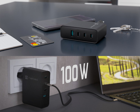 Natec RIBERA GaN polnilec, 100W, 1x USB-A, 3x USB-C, PD 3.0, QC 3.0, protokol PPS, univerzalna kompatibilnost, tehnologija GaN, varnostne zaščite, 94x86x35mm, črn