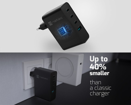 Natec RIBERA GaN polnilec, 100W, 1x USB-A, 3x USB-C, PD 3.0, QC 3.0, protokol PPS, univerzalna kompatibilnost, tehnologija GaN, varnostne zaščite, 94x86x35mm, črn