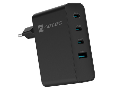 Natec RIBERA GaN polnilec, 100W, 1x USB-A, 3x USB-C, PD 3.0, QC 3.0, protokol PPS, univerzalna kompatibilnost, tehnologija GaN, varnostne zaščite, 94x86x35mm, črn