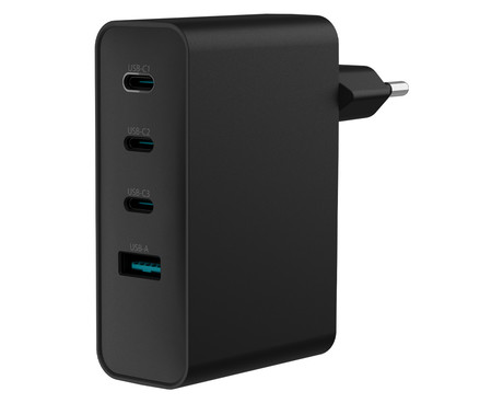 Natec RIBERA GaN polnilec, 100W, 1x USB-A, 3x USB-C, PD 3.0, QC 3.0, protokol PPS, univerzalna kompatibilnost, tehnologija GaN, varnostne zaščite, 94x86x35mm, črn