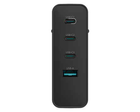 Natec RIBERA GaN polnilec, 100W, 1x USB-A, 3x USB-C, PD 3.0, QC 3.0, protokol PPS, univerzalna kompatibilnost, tehnologija GaN, varnostne zaščite, 94x86x35mm, črn
