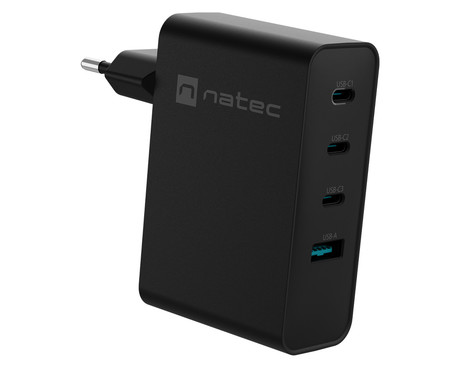Natec RIBERA GaN polnilec, 100W, 1x USB-A, 3x USB-C, PD 3.0, QC 3.0, protokol PPS, univerzalna kompatibilnost, tehnologija GaN, varnostne zaščite, 94x86x35mm, črn