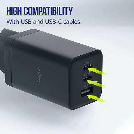 ALLITY ATC-01 GaN polnilec, 65W, 2x USB-C, 1x USB-A, Power Delivery, Quick Charge, polnjenje / napajanje, univerzalna kompatibilnost, Plug&Play, tehnologija GaN, črn