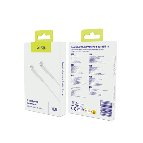 ALLITY AUC-02 kabel, USB-C na USB-C, 60W, 1m, univerzalni, polnjenje / napajanje / prenos podatkov, Plug&Play, silikon, +Velcro trak, bel