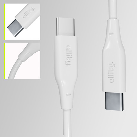 ALLITY AUC-02 kabel, USB-C na USB-C, 60W, 1m, univerzalni, polnjenje / napajanje / prenos podatkov, Plug&Play, silikon, +Velcro trak, bel
