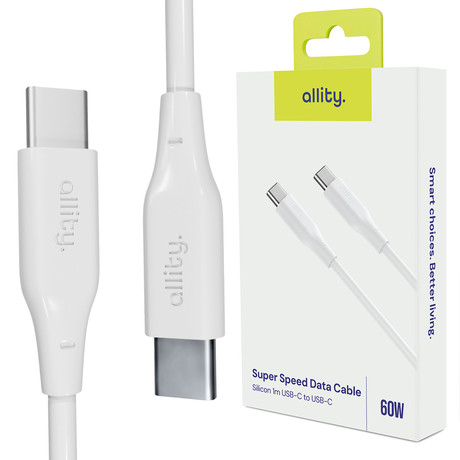 ALLITY AUC-02 kabel, USB-C na USB-C, 60W, 1m, univerzalni, polnjenje / napajanje / prenos podatkov, Plug&Play, silikon, +Velcro trak, bel