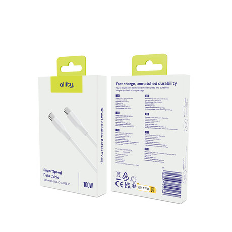 ALLITY AUC-02 kabel, USB-C na USB-C, 100W, 1m, univerzalni, polnjenje / napajanje / prenos podatkov, Plug&Play, silikon, +Velcro trak, bel