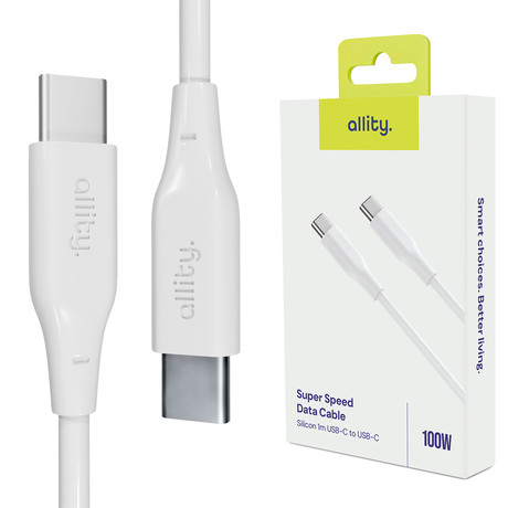ALLITY AUC-02 kabel, USB-C na USB-C, 100W, 1m, univerzalni, polnjenje / napajanje / prenos podatkov, Plug&Play, silikon, +Velcro trak, bel