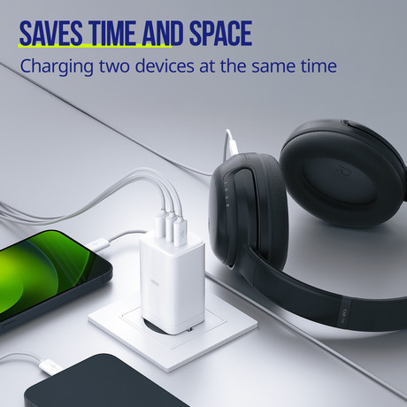 ALLITY ATC-01 GaN polnilec, 65W, 2x USB-C, 1x USB-A, Power Delivery, Quick Charge, polnjenje / napajanje, univerzalna kompatibilnost, Plug&Play, tehnologija GaN, bel