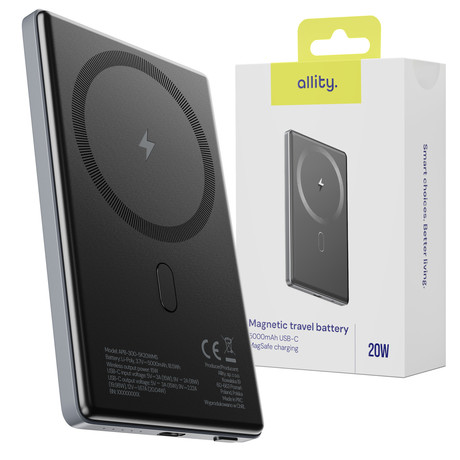 ALLITY APB-300 powerbank polnilna baterija, 5.000mAh, 20W, 1x USB-C, brezžično polnjenje, MagSafe tehnologija, Power Delivery, Quick Charge, Plug&Play, siva