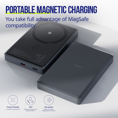 ALLITY APB-300 powerbank polnilna baterija, 10.000mAh, 20W, 1x USB-C, brezžično polnjenje, MagSafe tehnologija, Power Delivery, Quick Charge, Plug&Play, siva