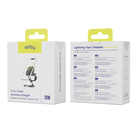 ALLITY AWC-220-25WMS brezžični polnilec / stojalo / polnilna postaja, univerzalni, 25W brezžično polnjenje, MagSafe tehnologija, nastavljiv naklon, USB-C, priložen kabel, siv (Graphite)