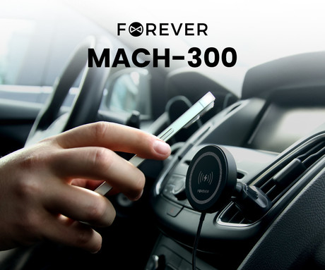 FOREVER MACH-300 magnetni avto nosilec / polnilec za telefon, 2v1, 15W brezžično polnjenje, 360° vrtenje, MagSafe tehnologija, USB Type-C, črn