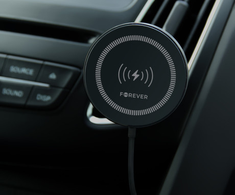 FOREVER MACH-300 magnetni avto nosilec / polnilec za telefon, 2v1, 15W brezžično polnjenje, 360° vrtenje, MagSafe tehnologija, USB Type-C, črn