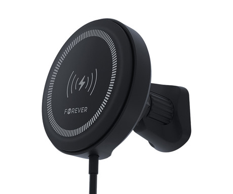 FOREVER MACH-300 magnetni avto nosilec / polnilec za telefon, 2v1, 15W brezžično polnjenje, 360° vrtenje, MagSafe tehnologija, USB Type-C, črn