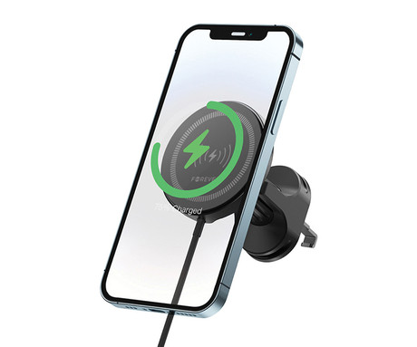 FOREVER MACH-300 magnetni avto nosilec / polnilec za telefon, 2v1, 15W brezžično polnjenje, 360° vrtenje, MagSafe tehnologija, USB Type-C, črn
