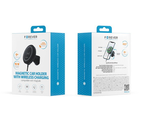 FOREVER MACH-300 magnetni avto nosilec / polnilec za telefon, 2v1, 15W brezžično polnjenje, 360° vrtenje, MagSafe tehnologija, USB Type-C, črn