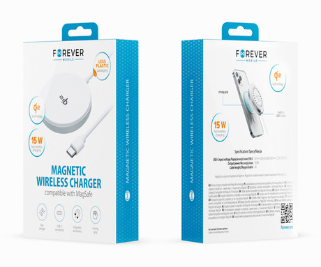 FOREVER MAWC-300 brezžični polnilec, 15W brezžično polnjenje, Android, iOS, MagSafe tehnologija, USB Type-C, 100cm kabel, bel