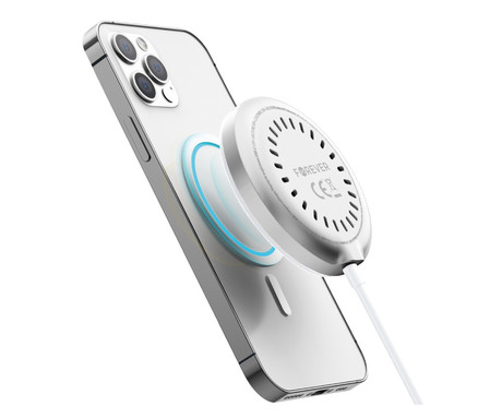FOREVER MAWC-300 brezžični polnilec, 15W brezžično polnjenje, Android, iOS, MagSafe tehnologija, USB Type-C, 100cm kabel, bel