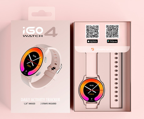 FOREVER iGO4 JW-600 pametna ura, 1.28" AMOLED zaslon, BT 5.3, Android + iOS, baterija, aplikacija, spremljanje zdravja, analiza spanca, 100+ športnih načinov, 2 paščka, IP67, roza (Powder Pink)
