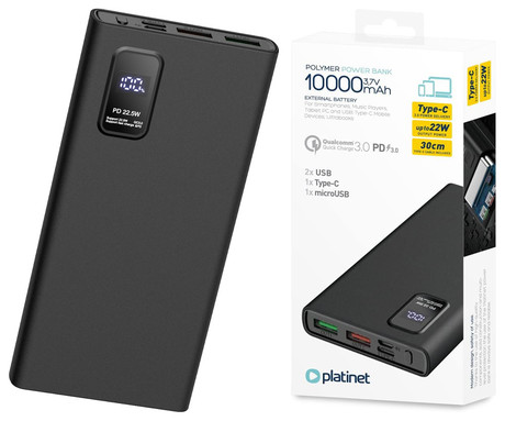Platinet PMPB10WQC726B powerbank polnilna baterija, 10.000mAh, Quick Charge 3.0, Power Delivery 3.0, 2x USB Type-A, 1x USB Type-C, 1x microUSB, LED zaslon, priložen kabel, črna