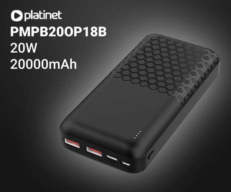 Platinet PMPB20OP18B powerbank polnilna baterija, 20.000mAh, Quick Charge 3.0, Power Delivery 3.0, 2x USB Type-A, 1x USB Type-C, 1x microUSB, LED indikator baterije, črna