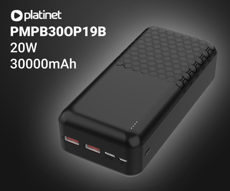 Platinet PMPB30OP19B powerbank polnilna baterija, 30.000mAh, Quick Charge 3.0, Power Delivery 3.0, 2x USB Type-A, 1x USB Type-C, 1x microUSB, LED indikator baterije, črna