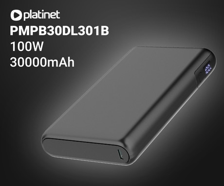 Platinet PMPB30DL301B powerbank polnilna baterija, 100W, 30.000mAh, Quick Charge 3.0, Power Delivery 3.0, 1x USB Type-A, 2x USB Type-C, digitalni zaslon, črna