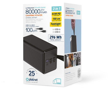 Platinet PMPB8065 powerbank polnilna baterija, 65W, 80.000mAh, Quick Charge 3.0, Power Delivery, SCP, 4x USB Type-A, 2x USB Type-C, digitalni zaslon, LED luč, črna
