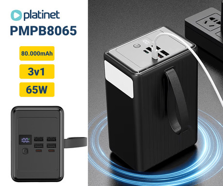 Platinet PMPB8065 powerbank polnilna baterija, 65W, 80.000mAh, Quick Charge 3.0, Power Delivery, SCP, 4x USB Type-A, 2x USB Type-C, digitalni zaslon, LED luč, črna
