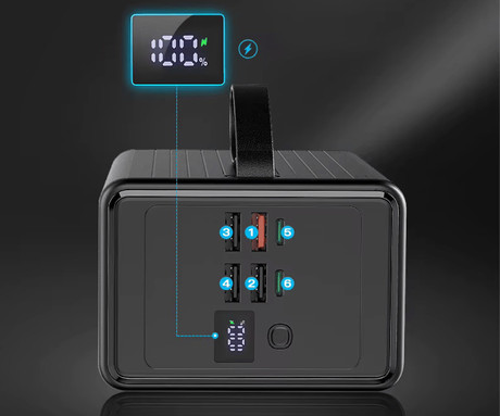 Platinet PMPB8065 powerbank polnilna baterija, 65W, 80.000mAh, Quick Charge 3.0, Power Delivery, SCP, 4x USB Type-A, 2x USB Type-C, digitalni zaslon, LED luč, črna