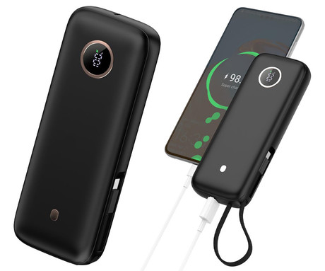 Platinet PMPB2070 powerbank polnilna baterija, 70W, 20.000mAh, Quick Charge 3.0, Power Delivery, SCP, 1x USB Type-A, 1x USB Type-C, digitalni zaslon, vgrajen kabel, črna