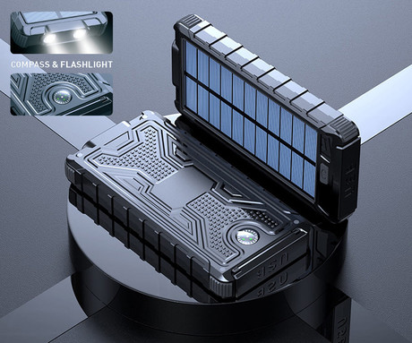 EOL - Platinet PMPB10SP solarni power bank, 10.000mAh, solarno polnjenje, USB / Type-C / microUSB, kompas, LED svetilka, črn
