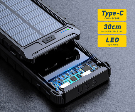 EOL - Platinet PMPB10SP solarni power bank, 10.000mAh, solarno polnjenje, USB / Type-C / microUSB, kompas, LED svetilka, črn