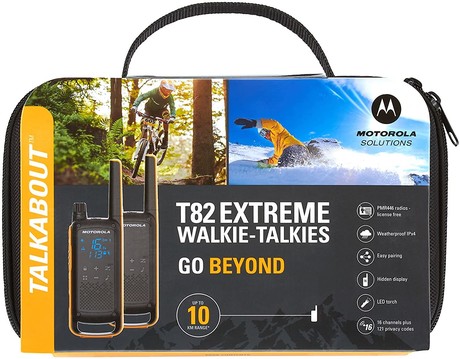 MOTOROLA T82 EXTREME walkie talkie komplet, 2-KIT, PMR446, VOX funkcija, doseg 10km, polnilna baterija, LED svetilka, IPX4 vodoodpornost, +dodatki, črno-rumen