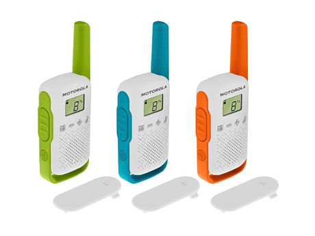 MOTOROLA T42 TRIPLE walkie talkie komplet, 3-KIT, PMR446, 16 kanalov, doseg 4km, +dodatki, moder, oranžen, zelen