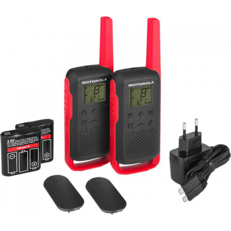 MOTOROLA T62 walkie talkie komplet, 2-KIT, PMR446, VOX funkcija, doseg 8km, polnilna baterija, +dodatki, rdeč