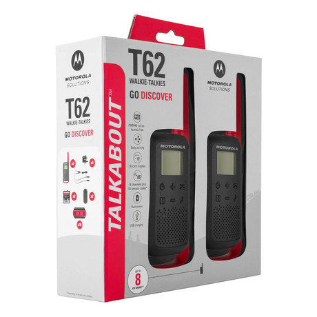 MOTOROLA T62 walkie talkie komplet, 2-KIT, PMR446, VOX funkcija, doseg 8km, polnilna baterija, +dodatki, rdeč