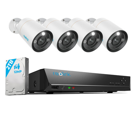 EOL - Reolink RLK8-1200B4-A varnostni komplet, 1x NVR snemalna enota (2TB) + 4x IP kamere B1200, zaznavanje gibanja, 4K Ultra HD+, IR LED, dvosmerna komunikacija, aplikacija, IP66