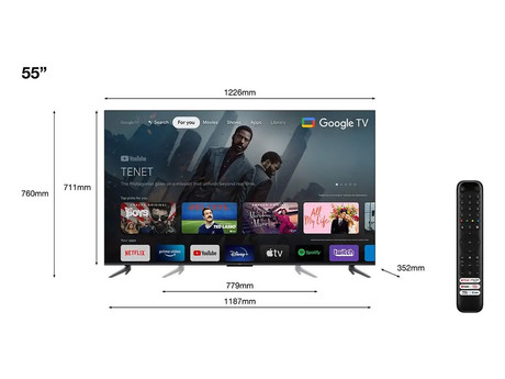 QLED TV TCL 55C645, 140cm (55"), 4K UHD, Android, GoogleTV, WiFi, Bluetooth, HDR Pro, Wide Colour Gamut, Motion Clarity, Dolby Atmos, Google Assistant