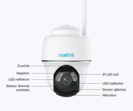 Reolink Argus PT ULTRA IP kamera, 4K Ultra HD, WiFi, baterija, vrtenje in nagibanje, IR nočno snemanje, LED reflektor, aplikacija, vodoodporna, dvosmerna komunikacija, bela