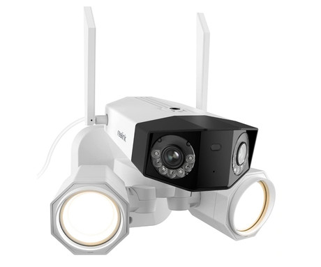 Reolink Duo Floodlight WiFi IP kamera, dva objektiva, 4K Ultra HD, WiFi, 180° snemalni kot, IR nočno snemanje, LED reflektorji, aplikacija, IP66 vodoodpornost, dvosmerna komunikacija, bela