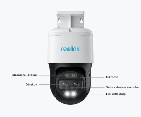 Reolink TrackMix PoE IP kamera, dva objektiva, 4K Ultra HD, PoE, vrtenje in nagibanje, IR nočno snemanje, LED reflektorji, aplikacija, vodoodporna, dvosmerna komunikacija, bela