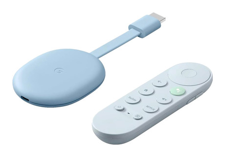 Google CHROMECAST 4K multimedijski predvajalnik / center, 4K UHD, HDR10, Dolby Atmos, Google Home + Assistant, WiFi, Bluetooth, glasovni daljinski upravljalnik, moder (Sky)