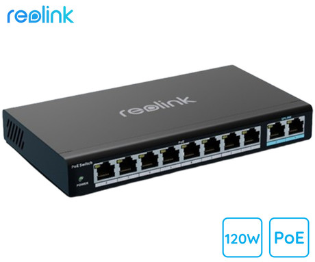 Reolink RLA-PS1 PoE switch / stikalo, 120W, priklop do 8 kamer, samodejno zaznavanje, 4KV električna zaščita, Plug & Play, stenska / namizna montaža, črna