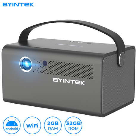 BYINTEK R17 PRO prenosni mini 3D LED DLP projektor, Android, WiFi, BT5.0, 2GB + 32GB, baterija, 750 lumnov, dvojni zvočniki, max. 4K UHD, HDMI, srebrn